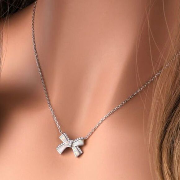 Sterling Silver White Opal and CZ Bow Adjustable Necklace New - Picture 2 of 6